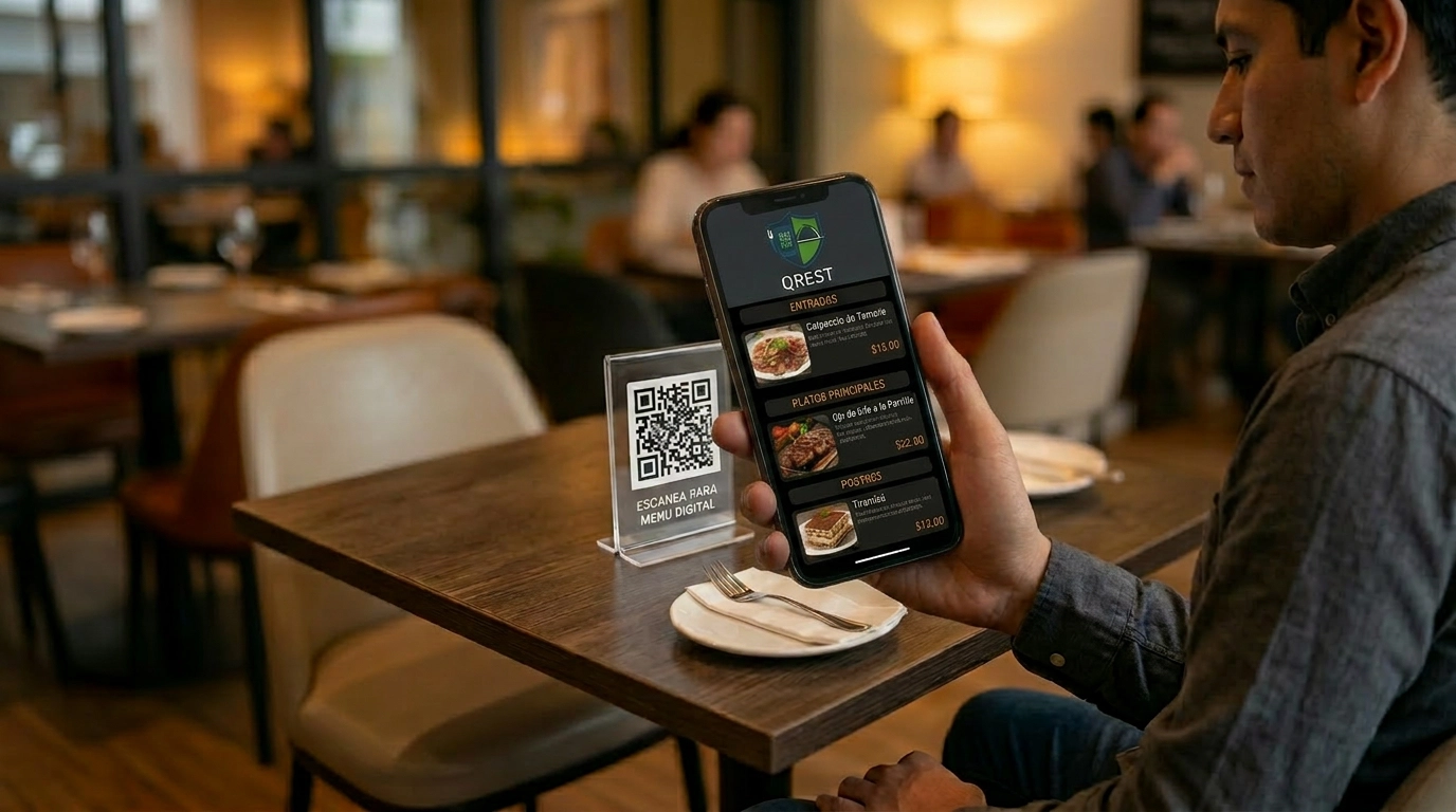 Cliente tranquilo escaneando el codigo QR desde la mesa