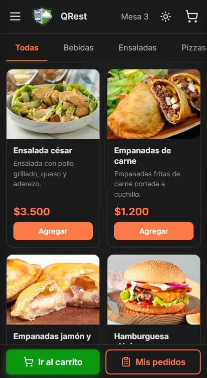 Vista de la carta digital de QRest en el celular